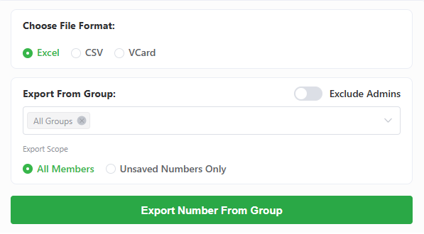 واجهة WAExport مع اختيار Excel وجميع المجموعات وجميع الأعضاء وإيقاف استبعاد المشرفين